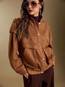 Sollinarry Women's Autumn New Urban Fashion Brown Faux Suede Long Sleeve Jacket, Front Button Stand Collar Design, 3D Pockets, Shoulder 2 In 1 Design, Lined, Suitable For Office, Outings, Shopping - Brown - View 3