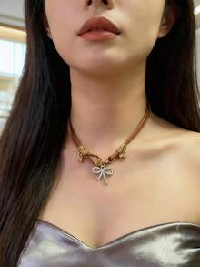 New Retro American Style Bow Layered Necklace, Malachite Collarbone Chain, Popular Sweet & Hot Girl Sweater Chain Accessory