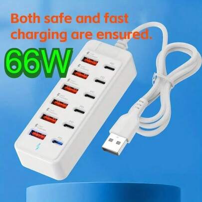 12端口USB 3.0和Type-C快充电源条，支持66W PD快充，配备6个USB-A端口和6个PD端口，95厘米长耐用延长线，设计紧凑，适用于家庭、办公室和工作空间，具有过载和短路保护功能，结构坚固耐用，是一款USB供电的充电站、工作空间充电集线器、多设备充电站、节省空间的充电器、现代化的电源适配器，持久耐用，可靠的电源适配器，多端口充电器，适合家庭用户、专业人士和数码产品用户。