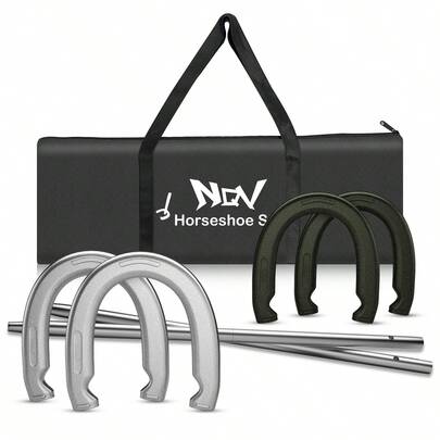 NQV Horseshoe Outside Game,Horse Shoe Game Kit,Horseshoe Set On Lawn Beach Soil Outdoor Backyard Adults. 4 Traditional Heavy Duty Forged Steel Horseshoes Regulation Size+2 Forged Steel Stakes+1 Bag