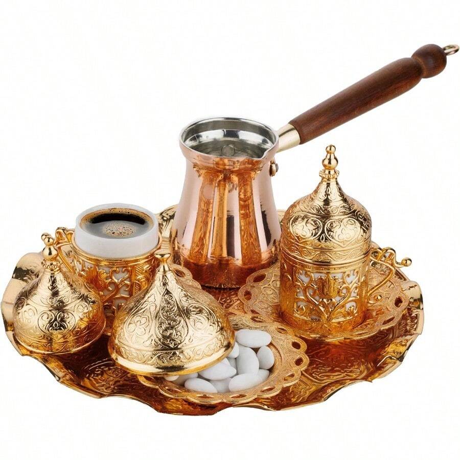 2023 Turkish Greek Arabic Coffee Full Set With Cups Saucers Lids Sugar Bowl Tray And Copper Coffee Pot 12 Pcs