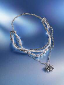 1PC Necklace Rhinestone-Encrusted Cross Faux Pearl Long Necklace Senior Sense Of Multi-Layer Faux Pearl Stacked Wear