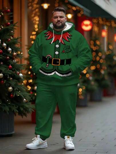 3D Digital Print Christmas Style Green Pocket Hoodie & Drawstring Sweatpants Set, Plus Size Hoodie Paired With Plus Size Drawstring Sports Pants Set, Fall Clothes