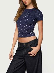 Women's Polka Dot T-Shirt Vintage Short Sleeve Crew Neck Slim Fit Crop Tops Soft Cotton Pullover Shirt Summer Cute Baby Tee Casual Streetwear Going Out Outfit - 藏蓝色 - 查看 2