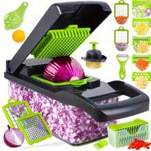 HOMEFINESSE 16-In-1 Multifunctional Vegetable Chopper With 8 Blades Portable Stainless Steel Cutter For Salad Garlic & More Kitchen Gadgets Cooking Kitchenware Cutting Green Utensils Watermelon Cutting Tool Chicken Shredder Slicer Kitchen Accessories