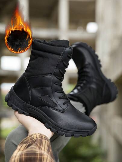 1.冬季保暖抓绒男式雪地靴户外运动鞋登山靴徒步靴纯色百搭高帮靴训练鞋男靴，时尚设计百搭情侣款