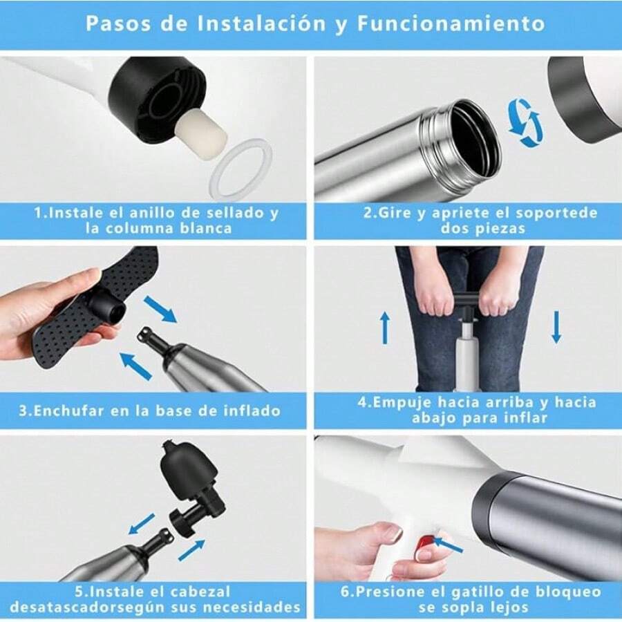 LLXXM Kit Destapador de Baño 8 en 1 de Acero Inoxidable, Incluye Desatascador Inflable para Inodoros, Tuberías de Cocina y Lavabos + Guantes de Limpieza Gratis - blanco - Ver 1