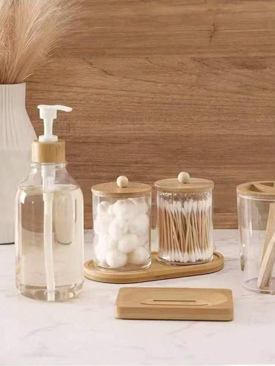 [4pcs Bamboo Set] 4pcs Bamboo Bathroom Accessories Set Rustic Boho Decor, Soap Dispenser, Toothbrush Holder, 2 Swab Holder Jars, Bathroom Home Decor Essentials, Swabs Pads And Toothbrush Not Included