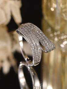 Gift Box Set Elegant Shiny Micro-Inlaid Diamond Line Crossing Design Gold Ring, Multiple Sizes Available, Suitable For Women Wedding Party, Valentine's Day Gift - Silver 2 - View 14