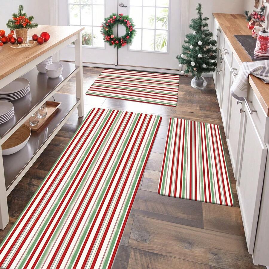 1/2/3 piezas Alfombras de cocina a rayas sencillas de Navidad - Diseño a rayas exquisito en rojo, verde y blanco - Decoración navideña, alfombra de cocina, felpudo, juego de alfombras para dormitorio y cocina, entrada, comedor, sala de estar, regalo - Multicolor - Ver 1