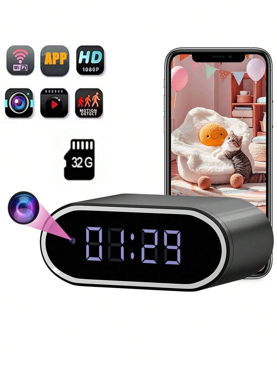 Indoor Digital Clock Camera With Night Vision, 1080P Full HD Mini WiFi ...