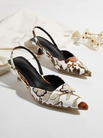 Women Floral Print Kitten Heel Shoes, Elegant Pointed Toe High Heel Sandals, Fashion Ankle Strap High Heels, Formal Occasion Wedding Party Shoes (Random Cut)