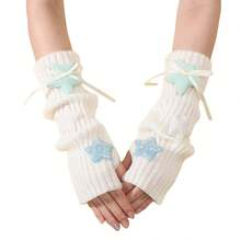 1pcs Girly Heart Star Bowknot Half Finger Gloves Autumn Winter Warm Cute Knitted Fingerless Gloves Student Party Outfit Star Arm Sleeves Women Autumn Winter College Style Y2K Pile Fingerless Sleeves Knitted Warm Fake Sleeves - 粉紅色系[粉紅色] - 查看 6