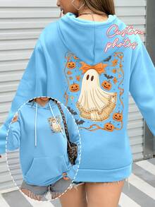 Custom Autumn/Winter Women's Hoodies - Halloween Customization - Front, Back, Double-Sided Customization, Add Your Own Photos (Family Photos/Selfies/Pet Photos) To Design Your Personalized Printed Hoodies, Custom Family Member Hoodies With Baby/Couple/Family/Pet Photos, Customized Comfortable Pet Hoodies, Personalized Pet Sweatshirts, Cute Pet Photo Printed Women's Hoodies - Baby Blue - View 2