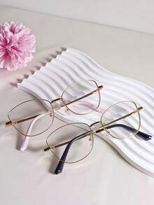 1 Pair Of Women's Pink Cat-Eye Glasses With Metal Frames, Non-Prescription Lenses, Stylish And Versatile For Everyday Wear And Decoration.
