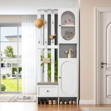 Compact Wardrobe 85*33.5*200 Cm, Home Furniture With 2 Wardrobes, Tempered Glass Storage Cabinet, Wardrobe Set, White Entrance Cabinet, Coat Rack With Shoe Bench And Cushions - White - View 5