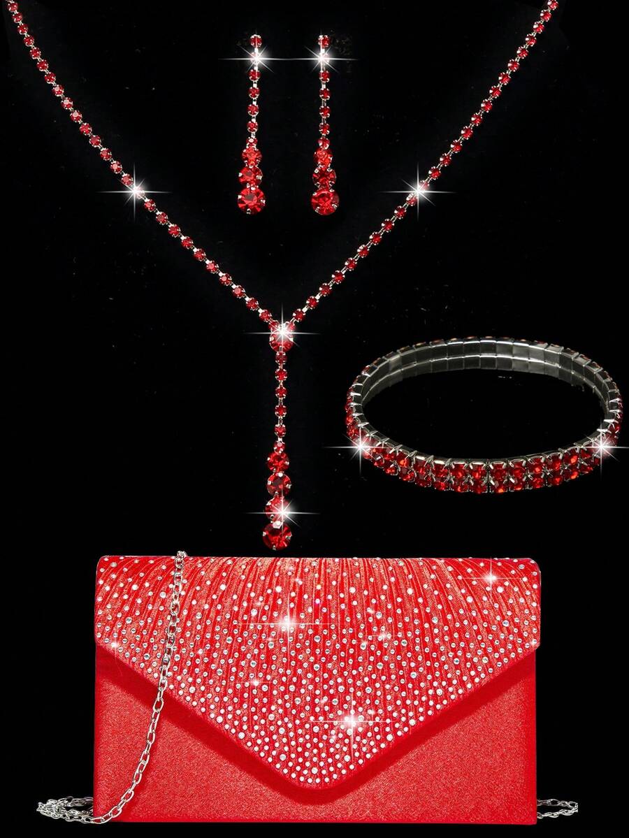 Ladies' Diamond Jewelry Sparkling Luxury Rhinestone Jewelry Set Sparkling Necklace Earrings Bracelet Set Personalized Satin Folded Silk Handbag Sparkling Hot Diamond Flip Cover Envelope Bag Handbag Handbag Handbag Fashion Banquet Bag - Red - View 1