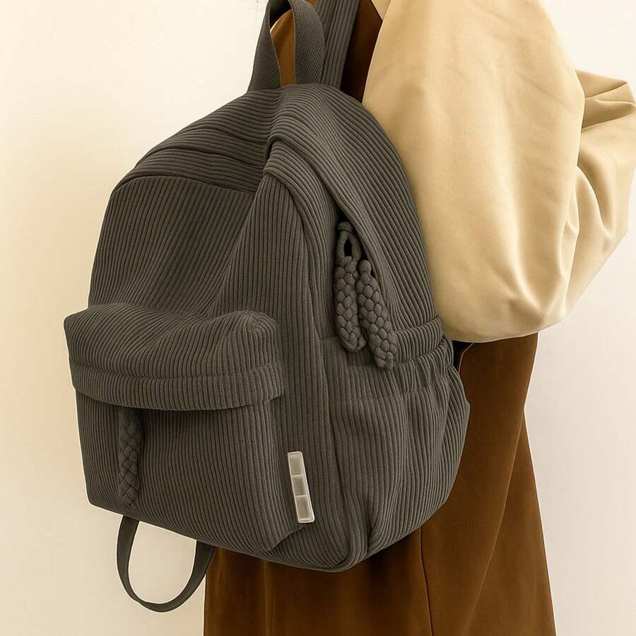 Women's Corduroy Backpack Medium Fashion Casual College School Bag Girls Women Waterproof - 灰色 - 查看 1