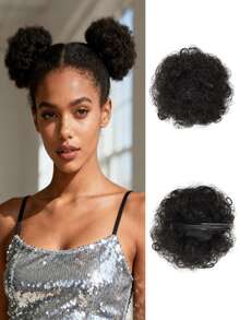 2pcs 4inch Hairpin Style Hair Buns,Afro Puffs Kinky Curly Chignon ,Natural Black Synthetic Wigs Suitable For Daily Wear