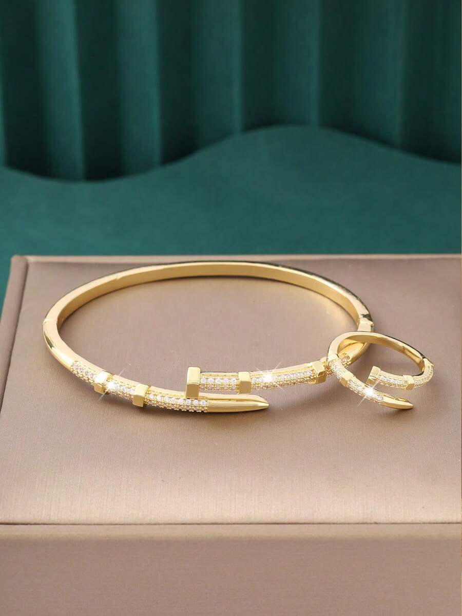 2pcs/Set Fashionable Personalized Nail & Zirconia Openable Bangle & Ring Combo, Gift For Girlfriend, Date, Birthday - Gold - View 1