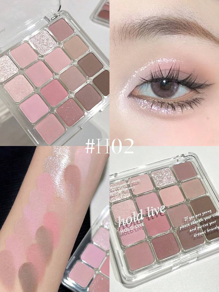 HOLD LIVE 16-Color Eyeshadow Palette, Matte, Shimmer, Glitter Textures, Includes Blush, Blue Eyeshadow