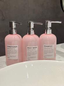 3pcs Translucent Pink 500ml/16oz Reusable Plastic Bottles - With Waterproof Labels, Suitable For Shampoo, Conditioner, Body Wash - For Home, Hotel, Salon Use - Korean/Japanese Style - Jade Pink - View 3