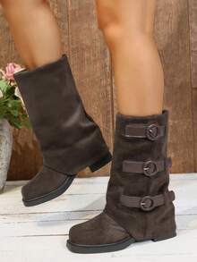 Women's Square Toe Chunky Heel Mid-Calf Boots, Simple Belt Buckle Zipper Decor Fashion Riding Boots