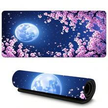 Pink Cherry Blossoms And Full Moon Mouse Pad Abstract Mouse Pad Stars Moon And Sky Non-Slip Rubber Base Large Mousepad Stitched Edges Keyboard Mouse Mat Desk Pad For Office And Home