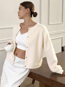 Livesso Drop Shoulder Fluffy Knit Button Front Cardigan,Long Sleeve Tops,Fall Clothes Jacket - Beige - View 2