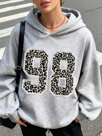 Teen Girl's Street Fashion Number 98 Leopard Print Design Pattern Printing Oversized Loose Long-Sleeved Hooded Sweatshirt,Dark Style,Girl's Solid Color Hooded Sweatshirt, Suitable For Daily Wear, Party, School, Attending Music Festivals, Vacation, Commuting. Can Be Given As A Gift To Family, Boyfriend,Girlfriend, Friends ﻿