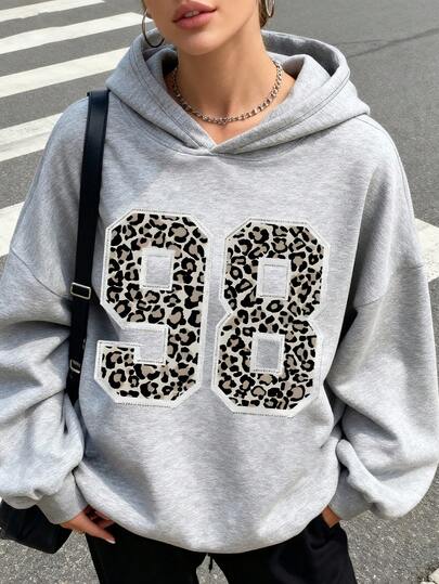 Teen Girl's Street Fashion Number 98 Leopard Print Design Pattern Printing Oversized Loose Long-Sleeved Hooded Sweatshirt,Dark Style,Girl's Solid Color Hooded Sweatshirt, Suitable For Daily Wear, Party, School, Attending Music Festivals, Vacation, Commuting. Can Be Given As A Gift To Family, Boyfriend,Girlfriend, Friends ﻿