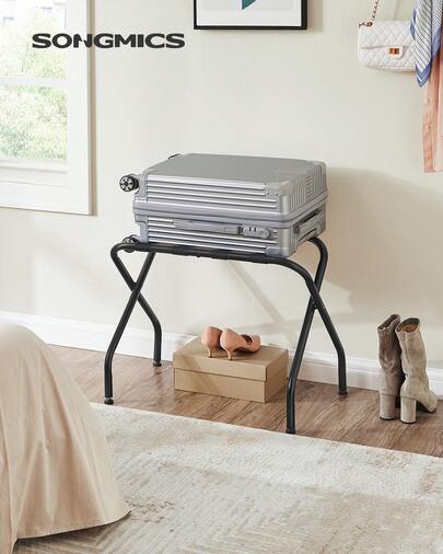 SONGMICS Luggage Rack For Guest Room, Suitcase Stand, Foldable Steel Frame, For Hotel, Bedroom, Holds Up To 110 Lb, 27.2 X 15 X 20.5 Inches, Black