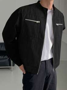 Men's Lightweight Casual Stand Collar Jacket, Multiple Pockets On Left And Right Chest With Zipper Design, Classic Fashion Minimalist Style, Bomber Jacket Silhouette, Long Sleeve Design, Suitable For Daily Wear, Fashionable Outerwear Choice, Suitable For All Seasons - Black - View 1