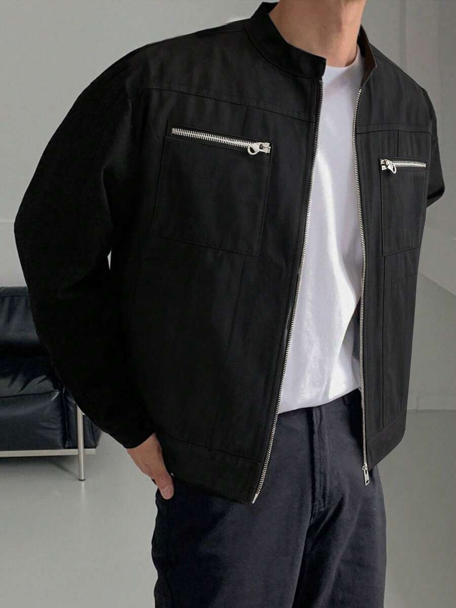 Men's Lightweight Casual Stand Collar Jacket, Multiple Pockets On Left And Right Chest With Zipper Design, Classic Fashion Minimalist Style, Bomber Jacket Silhouette, Long Sleeve Design, Suitable For Daily Wear, Fashionable Outerwear Choice, Suitable For All Seasons - Black - View 1