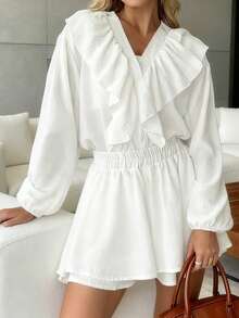 Women Summer 2 Piece Outfits Stylish Solid Color Long Sleeve V Neck Botton Up Ruffled Tops And Elastic Waist Shorts Set - trắng - Xem 4