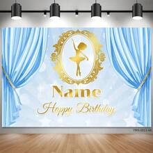 Personalizowana kurtyna na przyjęcie urodzinowe z motywem baletu i koroną do fotobudki, niebieska, na uroczystości, chrzciny, rocznice