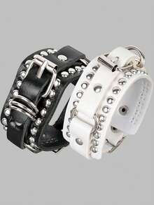 DareSee 朋克风铆钉手镯，摇滚风腕带，可调节腕带，哥特风女式饰品，黑白配色，适合音乐节、Y2K音乐节、返校季、秋冬季节等场合佩戴，是音乐节的理想礼物。 - punk bracelet - 查看 1