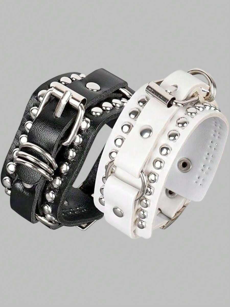 DareSee 朋克风铆钉手镯，摇滚风腕带，可调节腕带，哥特风女式饰品，黑白配色，适合音乐节、Y2K音乐节、返校季、秋冬季节等场合佩戴，是音乐节的理想礼物。 - punk bracelet - 查看 1