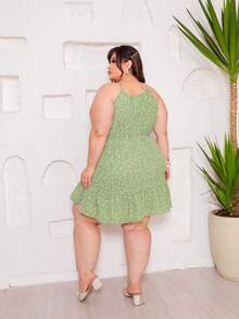 DRESS All-Over Print Flowers Ruched Ruffled Hem Holiday - プリントグリーン - チェックする 2