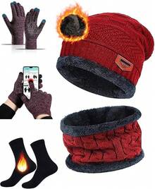 Bufanda y Guantes Tactiles y Calcetines Termica,Gorros  Tejido de Punto y Bufandas Forro de Lana Hombre y Mujer,Regalos Invierno para Nieve Esquiar - Rojo - Ver 12