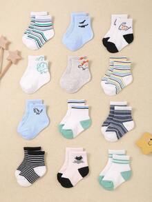 12 Pairs Of Baby Boys' Stretch Casual Mid-Calf Socks, Suitable For Baby Boys Aged 0-3. They Feature Dinosaur And Stripe Patterns, And Are Comfortable And Sweat-Absorbent.Baby Socks , Newborn Socks ,Toddler Socks - Multicolor - View 13