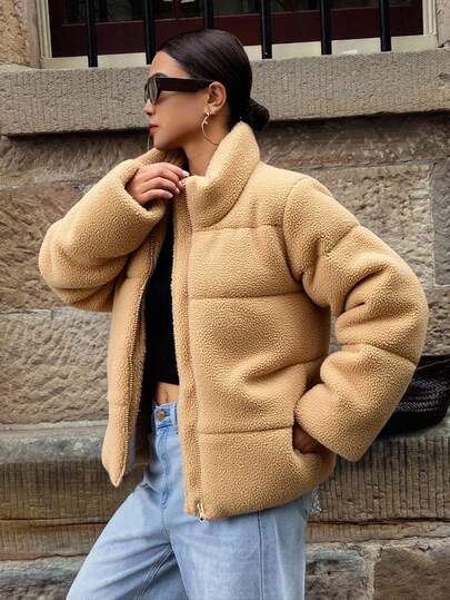 Livesso 纯色立领羊毛宽松棉服，羊毛衬里加厚秋冬女士棉服外套