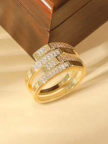 礼盒套装优雅时尚闪耀微镶钻石交叉线设计金戒指，多种尺寸可选，适合女性婚礼、派对、情人节礼物 - 金色-幾何交叉 - 查看 4