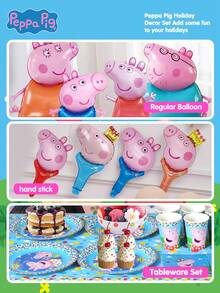 Hasbro 67件套官方授权小猪佩奇生日派对装饰套装，包括铝箔气球、一次性餐具（杯子、盘子、桌布、餐巾纸、帽子、礼品袋、横幅），完美的卡通主题套装，适用于生日、圣诞节、万圣节庆祝活动和派对，也是送给朋友和家人的理想礼物。 - Peppa Pig Balloon Party Tableware Set-67pcs - 查看 7