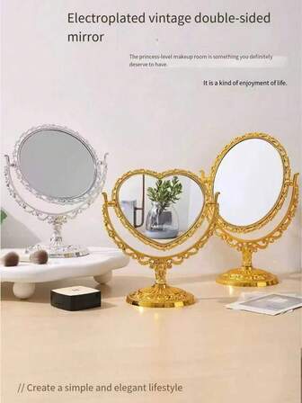 1 件旋转化妆镜，复古旋转椭圆形框架金色 ABS 欧式风格桌面化妆镜，带双面镜，房间用品