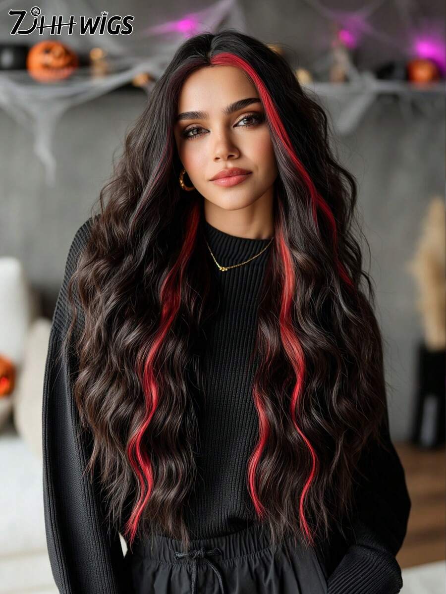 7JHH WIGS 26 Inch Black Red Long Wave Curly Wigs For Women Natural Synthetic Middle Part Wig With Dark Roots,Heat Resistant Fiber Full Machine Hair Wigs For Daily Music Festival Party Wear, Cosplay Halloween & Street Photography Use