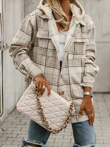 Damska kurtka w kratę z kapturem, luźny płaszcz z wełny w modnym stylu