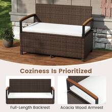 Outdoor Storage Bench W/Cushion Backrest & Acacia Wood Armrests Hidden Storage - Mix Brown - View 8