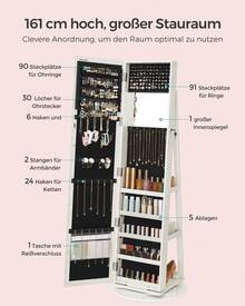 Schmuckschrank, Standspiegel, Spiegelschrank, mit Ganzkörperspiegel, um 360° drehbar, Schmuckaufbewahrung, abschließbar, mit Schlüsseln, Geschenkidee - Weiß mit grauer Holzmaserung - Übersicht 3