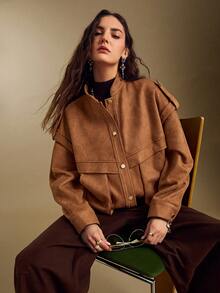 Sollinarry Women's Autumn New Urban Fashion Brown Faux Suede Long Sleeve Jacket, Front Button Stand Collar Design, 3D Pockets, Shoulder 2 In 1 Design, Lined, Suitable For Office, Outings, Shopping - Brown - View 7